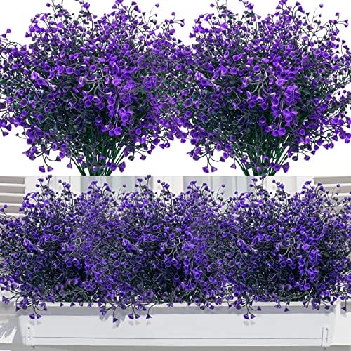 12 Bundles Artificial Flowers Outdoor, Artificial Shrubs Bushes UV Resistant Faux Plastic Flowers Decorative Fake Plants for Outside Indoors Garden Pots Hanging Baskets Borders Window Box, Purple