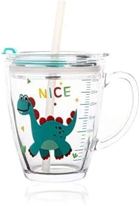 SIQITECH Tasse à Lait Enfant avec Paille Silicone et Couvercle - Verre Transparent 400ml - Eau de Dessin Animé avec Échelle