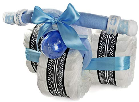 Windeltorte Dreirad blau | Windeldreirad handgefertigt aus 36 Premium-Windeln Gr. 2 | Geschenk zur Geburt & Babyparty für Jungen | mit Trinklernflasche, Lätzchen, Moltontuch & Söckchen