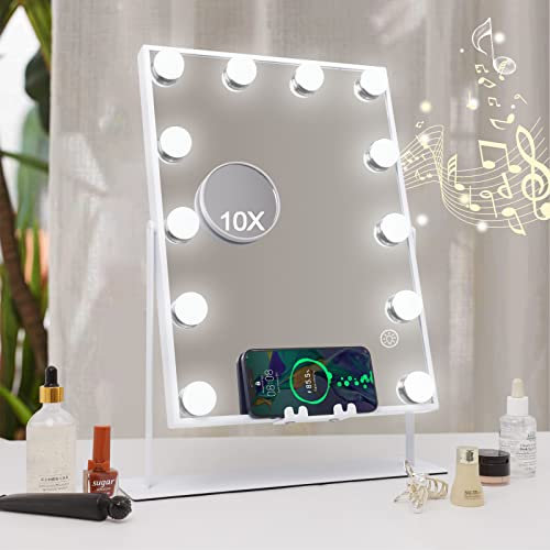 Hansong Bluetooth Vanity Makeup Mirror with Wireless Charging Hollywood Vanity Mirror with 12 Bulbs 360 Degree Rotation