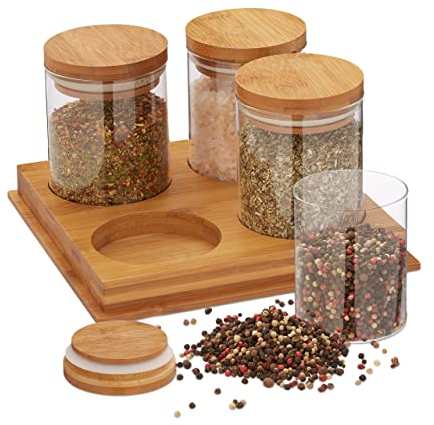 Relaxdays Set Pots à épices, 4 boîtes, Conservation, Condiment, Couvercle, Verre et Bambou, Support, Nature/Transparent