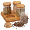 Relaxdays Set Pots à épices, 4 boîtes, Conservation, Condiment, Couvercle, Verre et Bambou, Support, Nature/Transparent