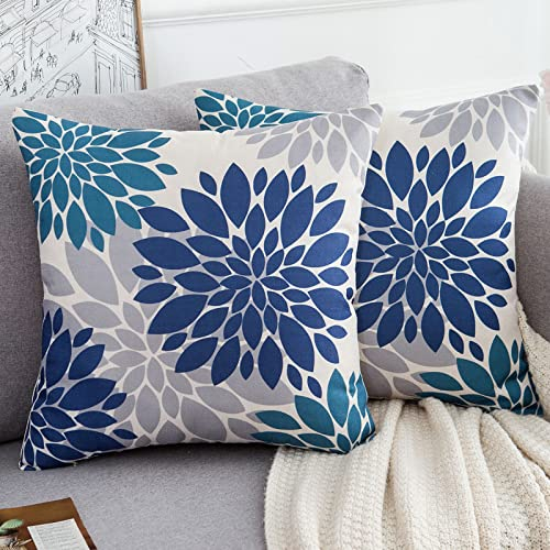 Sofakissenbezug 40x40cm Blumen Kissen Kissenhüllen Blau Hellblau und Grau Leinen Kissenbezug Sommer Herbst Floral Modern Couch Dekorativer Couchkissen für Auto Sofa Bank Wohnzimmer