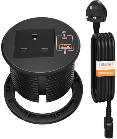 Desk Power Socket with USB C PD20W, HANNELORE Desk Grommet Power Socket 80MM, Recessed Power Strip with USB, Hidden in Furniture Desk Table, 1.8M/6FT Cable, Black