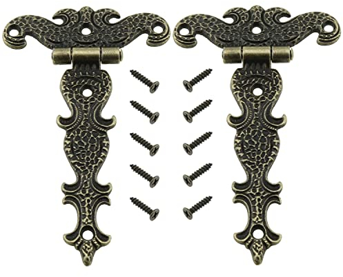 LUORNG 2 bisagras de caja de madera de 113 x 69 mm, bisagras puertas, aleación de zinc, bisagra decorativa en forma de T con 10 tornillos, bronce antiguo