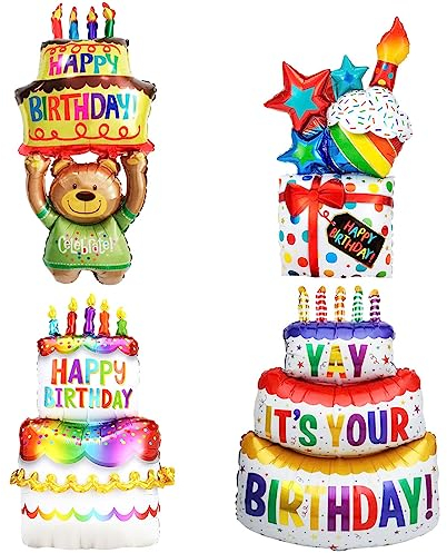 Folienballon Happy Birthday Torten XXL,Happy Birthday Deko Bär,Geschenk+Torte+Bären Geburtstagsluftballon, Aufblasbare Torte Helium Ballon,Kuchen Folienluftballon Party Dekoration-4 Stück
