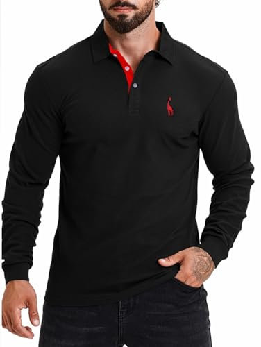 KUNJLELP Men's Regular-Fit Polo Shirt Long Sleeve Giraffe Embroidere Golf Polos 100% Cotton,Black,XL
