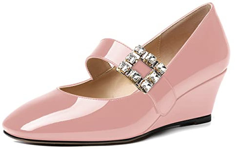 NUMALEO Femme Bungee Talon Bas Brevet Sortir Ensemble Compensé Solide Bout Carré Bride Cheville 2 inch Dress Escarpins Rose Taille 40.5