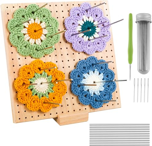 Alongen 9.25 Inch Crochet Blocking Board and Pins, Wooden Blocking Mat with Tilt Angle for Knitting, Includes Crochet Hook, Adults, Not Foldable