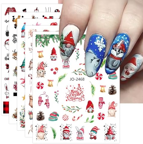 Christmas Nail Stickers, 9 Sheets Self-Adhesive Nail Decal Gnome Rabbit Nail Art Decoration Design Supplies