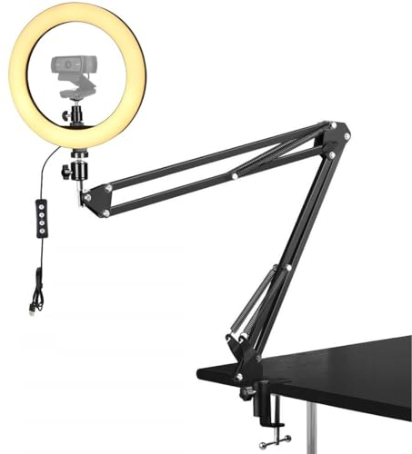 AYIZON Luce per selfie con supporto per webcam, 26 cm, anello luminoso con supporto a braccio compatibile con webcam Logitech C920 StreamCam C922 C930e C925e C615 Brio 500 300 100 4K