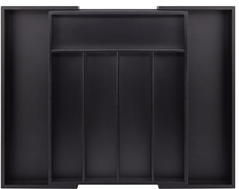 woodluv Cutlery Drawer Organiser, Expandable Utensil Tray for Kitchen, Adjustable Compartment Holds Kitchen Utensils Office Supplies, Storage for Cutlery, Large - Black