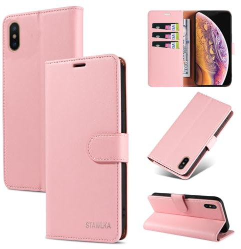 STAWLKA Case for iPhone X iPhone XS, Premium PU Leather Flip Magnetic Buckle Wallet Case Kickstand Blocking RFID Shockproof Protective Phone Cover for iPhone X/XS - Pink