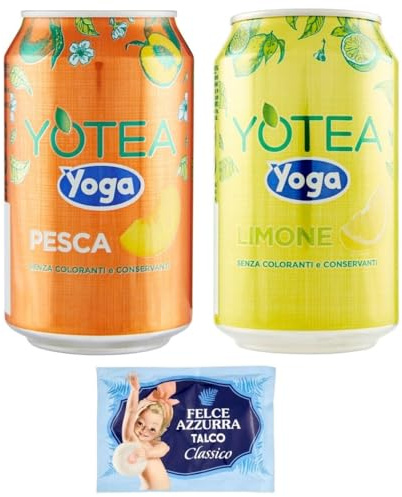 24er-Pack Testpaket Yoga Yotea,Erfrischendes Alkoholfreies Getränk,Eistee mit Zitrone + Eistee mit Pfirsich,330ml Einwegdose + 1er-Pack Kostenlos Felce Azzurra Talkumpuder, 100g-Beutel