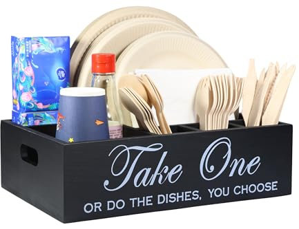 Rehuei Paper Plate Holder Utensil Caddy Organizer - Rustic Wood Disposable Plate Dispenser with Handles for Cups, Forks, Spoons, Napkins and Silverware Holders for Kitchen Countertop
