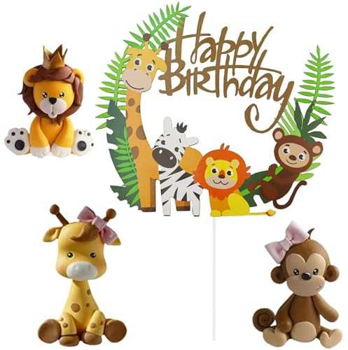 4Pcs Animal Birthday Cake Toppers Decorations, Jungle Animals Cake Decoration, Cupcake Decoration,Cake Topper Giraffe monkey Tiger Cake Jungle Animals for Birthday Party Decoration