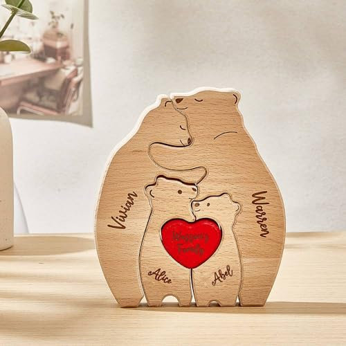 Personalisiertes Holzkunstpuzzle der Bärenfamilie mit 2-6 Familiennamen | Bärenskulptur aus Holz als Desktop-Dekoration Ornament für Zuhause Tischdekoration, Mama Großmutter