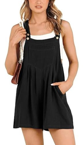 GRMLRPT Jumpsuit Donna Salopette Donna Corta Stile Casual Lino con Tasche Scollo aU Tuta da Donna Estiva Monopezzi(Nero,L)