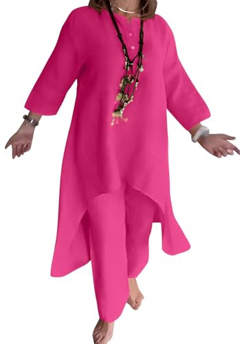 Shownicer Tuta Donna Completa Curvy Elegante Estiva Leggera Due Pezzi: Manica Lunga Tops + Pantaloni Lino Set Larghi Taglie Forti Streetwear G Rosa XL