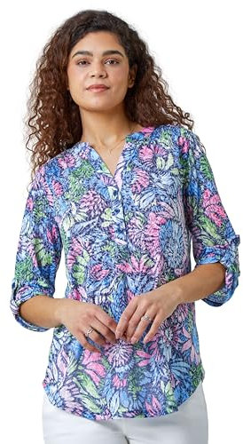 Roman Originals Shirt for Women UK Ladies Top Collarless Blouse Stretchy Tunic Smart Casual Autumn Winter Jersey 3/4 Length Sleeve Notch V Neck Flattering Office Work - Pink Blue Green - Size 18