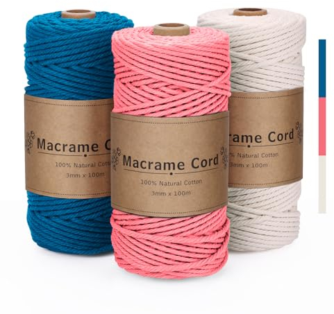 PUWOWYE 3 Stück Makramee Garn 3mm Set - Rosarot, Blau, Beige - Baumwollkordel Natur für Basteln, Stricken, Boho Deko, DIY Handwerk - 3x100M