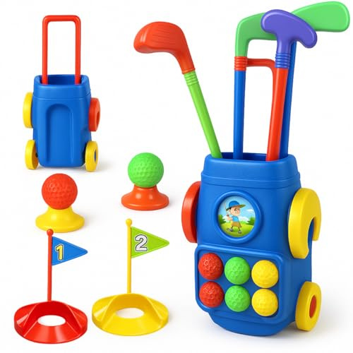 xwin sportseries Kids Golf Club Set Toddler Sports Toy with 6 Colourful Balls, 4 Adjustable Clubs, 2 Practice Holes in Golf Suitcase with Handle – Indoor Outdoor Play Equipment for Boys Girls Age 3-6