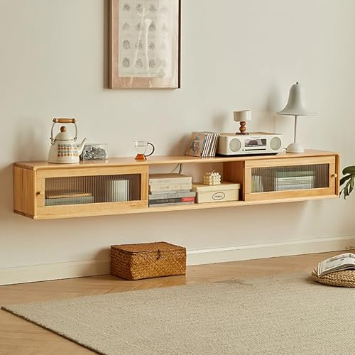 JIAOCKJIAO Meuble TV Suspendu, Banc TV Étroit, avec Portes Coulissantes, Console-multimédia en Bois avec Rangement, Table TV avec Étagères Ouvertes, for Salon(Natural,Glass 59''/150cm)