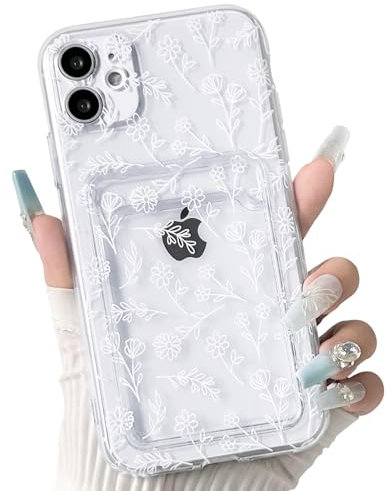 NITITOP Compatible with iPhone 12 Case Clear with Card Holder Cute Flower Floral Leave Pattern for Women Girl Soft TPU Shock-absorbing Wallet Case Protective Phone Cover - White