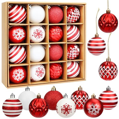 16Pcs Christmas Baubles, 6CM Tree Decorations Set Christmas Tree Hanging Balls for Holidays Home Xmas Party Decoration (Red and White)
