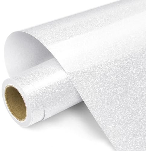 Prime Vinyl Heat Transfer Vinyl, 12 x 8ft White Glitter HTV Vinyl for T-Shirt, Iron on Vinyl forfor Cricut,Silhouette Cameo, Easy to Cut & Weed with Heat Press DIY Craft Designs