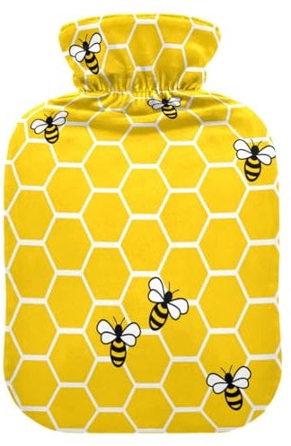 Wärmflasche mit Bezug, Wabenmuster, süße Biene, 2 l, auslaufsicher, für Handfußwärmer, Nacken, Schulter, Rücken, Muskelschmerzlinderung, Kältekompresse