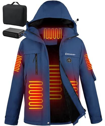 Brimekey Heizjacke für Herren mit Fleecefutter, Beheizbare Jacke mit 7.4V Akku, Wasserdicht Winddicht, 3 Heizstufen für Skifahren, Camping, Angeln