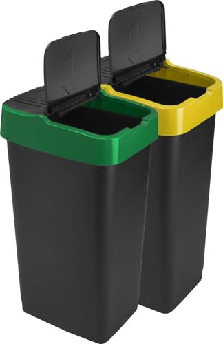 LAVV HOUSEWARES LTD Double Plastic Indoor Recycling Bin with Swing Lid Top Colour Coded (Green & Yellow, 2 x 60L)