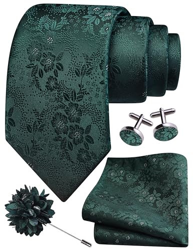 Gusleson Dark Green Tie for Wedding Mens Silk Hunter Green Floral Necktie Pocket Square Cufflinks and Lapel Pin Brooch Set (UK6107-34)
