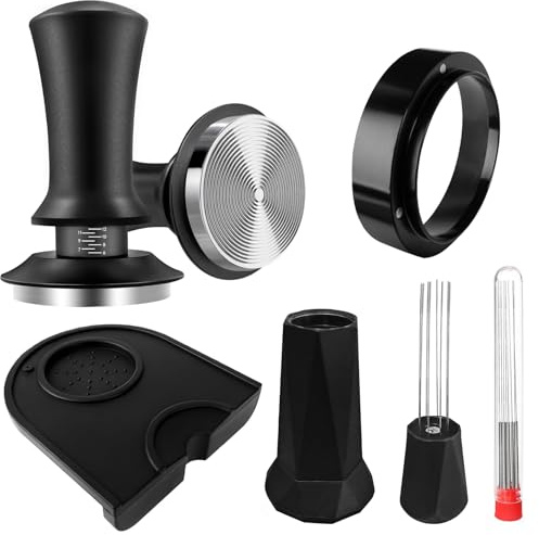 Kaffee Tamper 51 mm Set, Upgraded Espresso Tamper Set einschließlich WDT Tool, Dosierring 51 mm, Tamper Matte, 304 Edelstahl Kaffee Tamper mit Skala Einstellung für Cafés Kaffee-Liebhaber Home Office