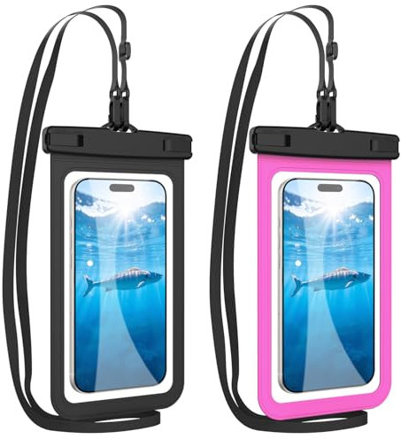 HopMore 2 Pack Waterproof Phone Pouch with Adjustable Lanyard Up to 7.2, IPX8 Universal Underwater Phone Case Dry Bag for iPhone 16 15 14 13 12 11 Pro, Samsung S25 S24 A56 A36 A16 - Black + Rose