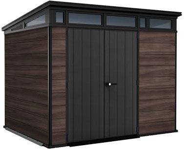Keter Signature Shed 9x7ft – Rosewood Pent Garden Storage Shed | Heavy-Duty Resin Wood-Effect Design | Lockable Double Doors | Weatherproof & Maintenance-Free | 11.05m³ Capacity