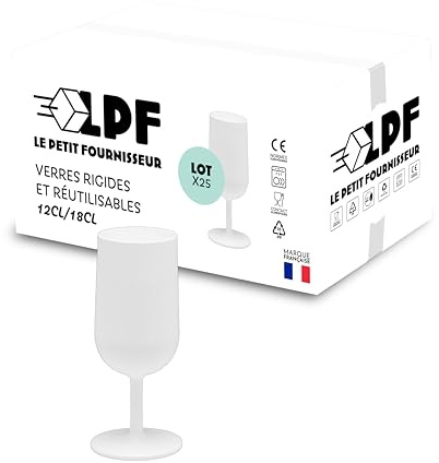LPF LE PETIT FOURNISSEUR - Lot de 25 Verres à Vin réutilisables 12cl (18cl max) - Polypropylène plastique alimentaire rigide - Verre à pied à eau et vin - Compatible lave-vaisselle - Couleur Blanche