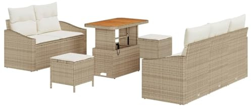 vidaXL 8-teiliges Garten-Sofa-Set mit Kissen in Beige aus Poly-Rattan und Akazie. Perfekt für 4 Personen, ideal für ESS- und Sitzbereiche. Verstellbares modulares Design für eure Terrasse.