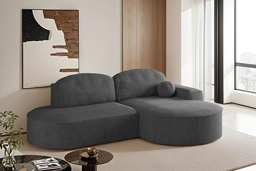 Kaiser Möbel - Ecksofa mit Schlaffunktion und Bettkasten, Wohnlandschaft L Form, Schlafsofa, Bequemes Couch mit Ottomane für Wohnzimmer und Jugendzimmer, Cordstoff, MODENA Runden, Graphit Poso, Rechts