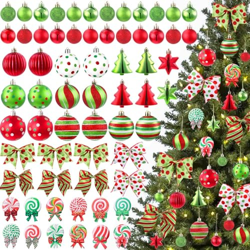 JOLCEEY 64pcs Christmas Balls with Bows, Glittering Hanging Xmas Balls for Tree Decoration Red Green Plastic Christmas Tree Baubles Shatterproof Balls for Home Indoor Holiday Party Decor