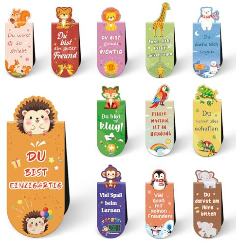 12 Stück Magnetische Lesezeichen Kinder mit Mutmacher Sprüchen | Kleinigkeiten für die Schultüte, Geschenk Einschulung Mädchen Junge, Abschiedsgeschenk Kinder, Geburtstags Mitgebsel Kinder