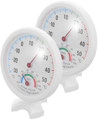Rundes Thermometer Hygrometer 2 Stück aus Pvc für Kühlschrank | Weiß, Analoges Kombigerät, Misst Temperatur und Feuchtigkeit, für Innen und Außen, Passend für Humidifier