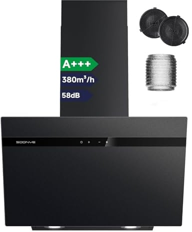 Soonye A+++ Dunstabzugshaube 60cm Umluft,Kopffrei Schräghaube 380 m³/h,Gestensteuerung,Touchscreen,Abluft Wandmontage Wandhaube Abzugshaube Kopffreihaube,Schwarz Mattglas