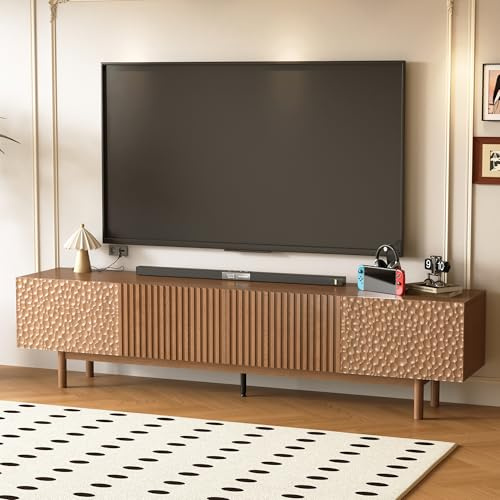 OLEYLUCKLIVE Meuble TV Motif écailles avec Grand Rangement, Buffet Bas sur Pieds Hauts Couleur Noyer, adapté aux TV dès 75 Pouces, idéal pour Salon, Espace multimédia ou Studio vidéo (220 cm)
