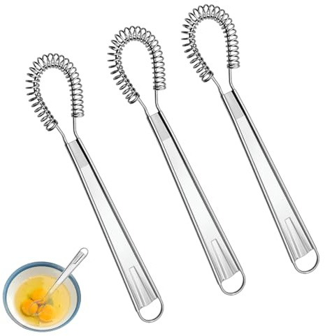 3 Fouets Cuisine Spirale Acier Inoxydable Mini Batteur Oeufs Argente Lait | Cuillere magique, main levee, mousseur, agitateur, cuisson, melangeur, fouetter, mousse, pate, fouet, battre, liquide