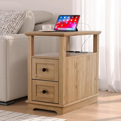 EOSVALO Nachttisch schmal mit ladefunktion,Nachtschrank mit Type-C- & USB-Port & Steckdosen,Beistelltisch Couch für Schlafzimmer,Wohnzimmer
