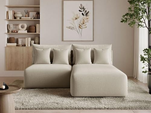 GRAINGOLD Ronni L Ecksofa mit Schlaffunktion und Bettfunktion, 206x190 cm, L-Form Sofa, Schlafcouch für Wohnzimmer, Bouclé-Stoff, 3-Sitzer Eckcouch, Ecksofa mit Stauraum (Beige, Rechts)