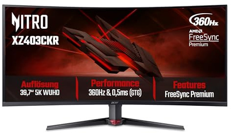 Acer Nitro XZ3 (XZ403CKRbmiiphuzx) 39,7 5K Gaming Monitor 100,8 cm (39,7), VA, 1000R Curved, 180Hz, 95% DCI-P3, 2x HDMI, 1x DP, 1x Type-C (UM.TX0EE.001) | Schermo curvo da 40 pollici (100,8 cm), 5K WUHD, 180Hz, 360Hz DFR, 1ms (VRB), HDMI 2.1, DP 1.4, USB-C (90 Watt)