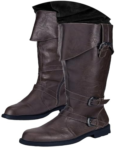 Cexiakong Stivali medievali da uomo, stile retrò, a gambo lungo, in pelle, stile steampunk, da cavaliere, cosplay, pirata, in ecopelle, stile rinascimentale, con fibbia per cintura